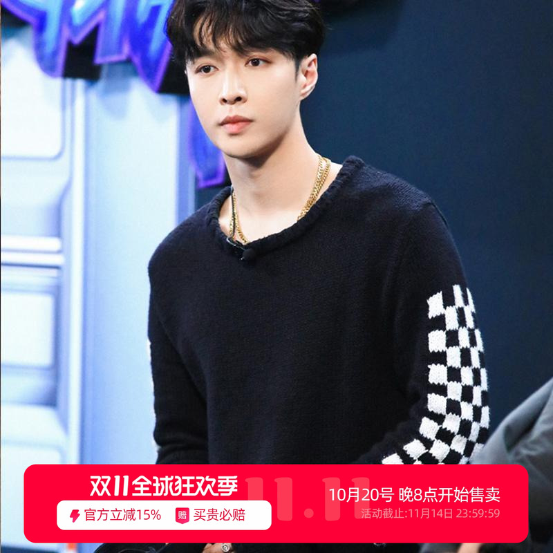 秋冬季套头圆领羊绒衫男纯羊绒黑白格子青少年羊毛衫韩版男士毛衣