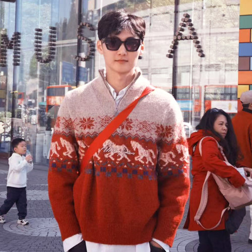 2025马年圣诞款羊绒衫男半高领