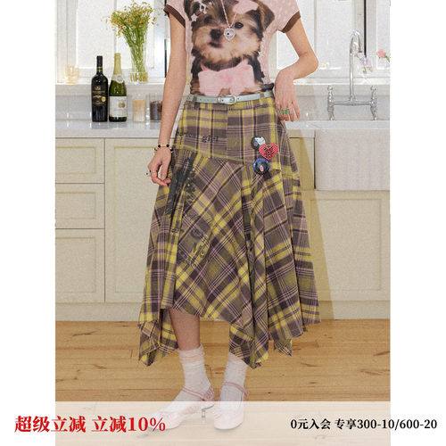 不对称格子撞色印花拼接半身裙女