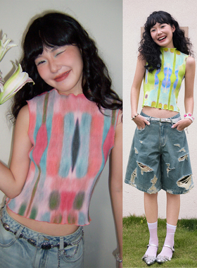 化学少女「梦幻乐章」压褶印花木耳边无袖背心褶皱上衣女夏