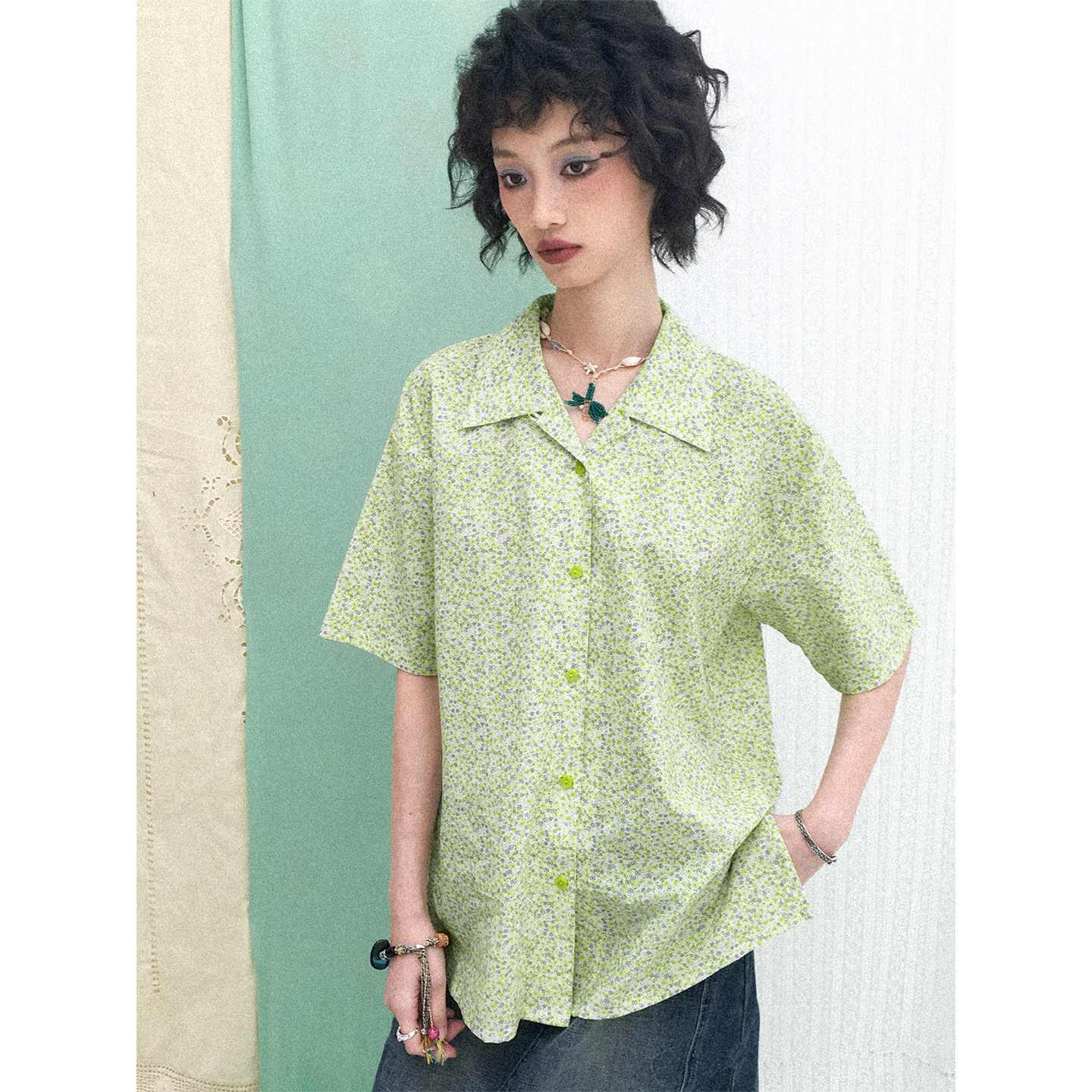 纯棉碎花短袖衬衫女夏宽松