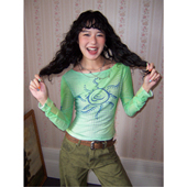 T恤女上衣早秋新款 化学少女「柠檬琥珀」渐变网纱修身 印花长袖