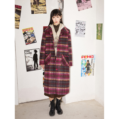 化学少女「都市主角」格纹毛呢外套女秋冬复古中长款大衣