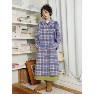化学少女「秋日序章」经典复古格子长款紫色呢大衣秋冬款外套女
