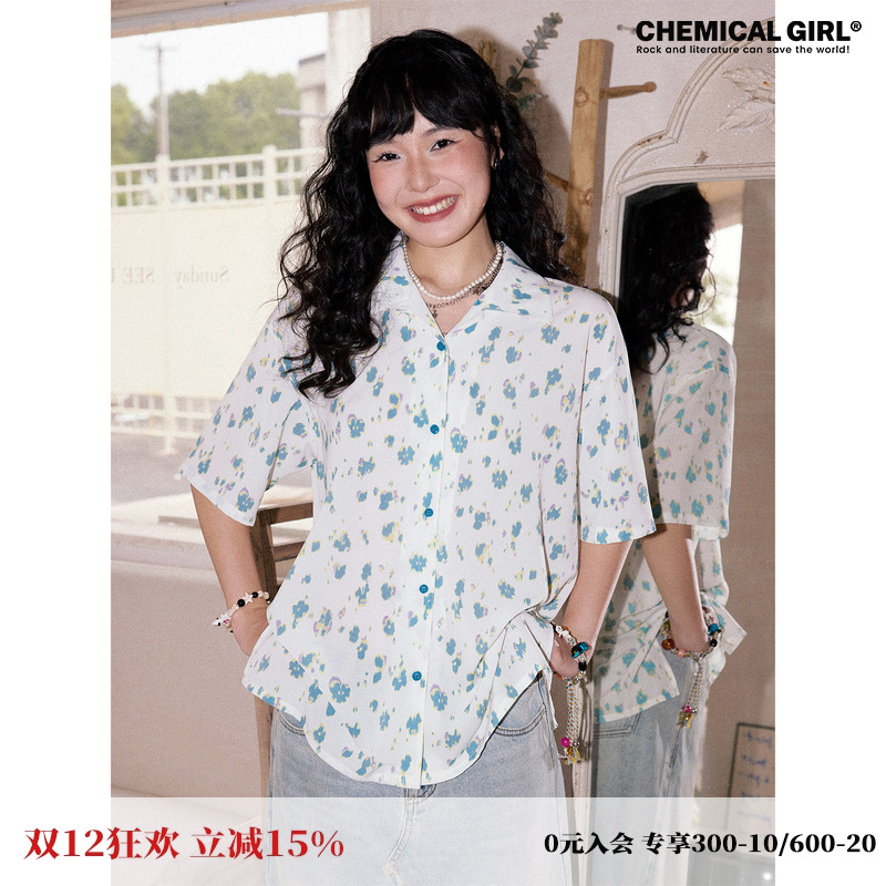 满印短袖衬衫女夏新品