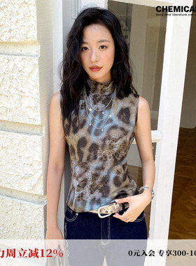 化学少女「豹影迷踪」豹纹上衣半高领无袖背心女夏2025新款