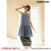 化学少女「盛夏八音盒」纽扣吊带格子裙连衣裙女法式 复古显瘦短裙