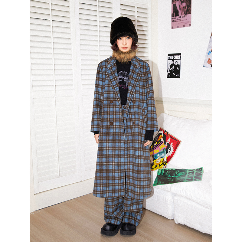 雪盐格子长毛呢大衣化学少女