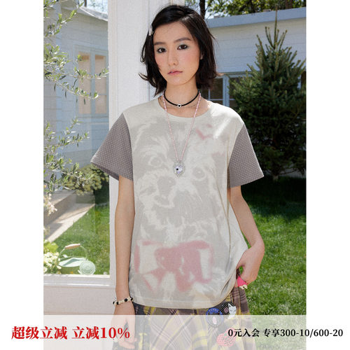 波点袖子拼接小狗宽松印花T恤女