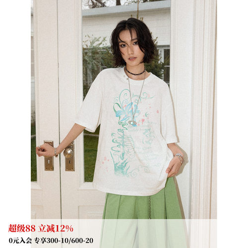 慵懒感珍珠环印花宽松短袖T恤女