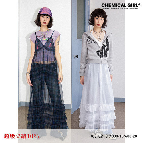 化学少女格纹刺绣半透网纱连衣裙
