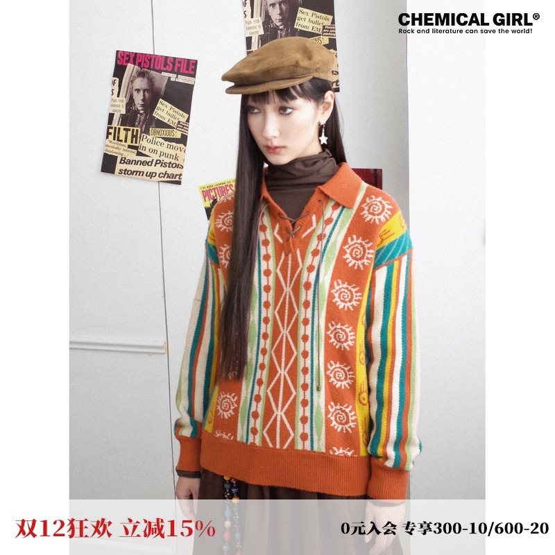 化学少女「游原歌」2024年冬季V领绑带宽松复古设计感套头毛衣女