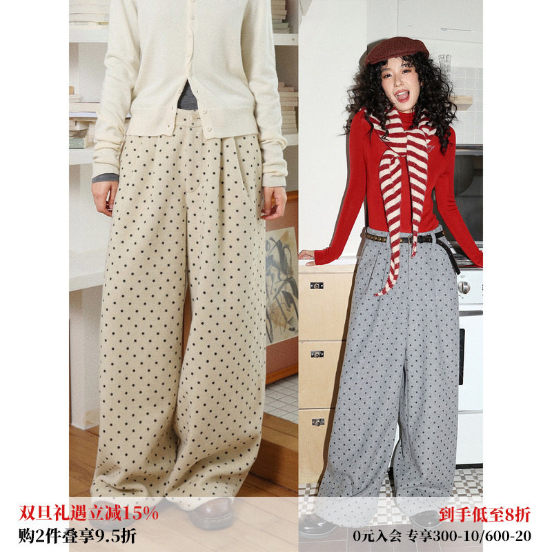 波点毛呢休闲裤女百搭