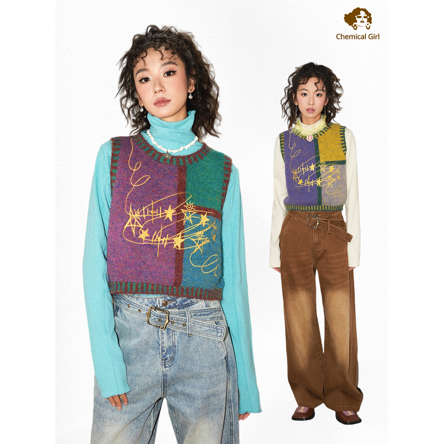 化学少女「星星点灯」短款拼色独特复古针织马甲背心女秋冬上衣