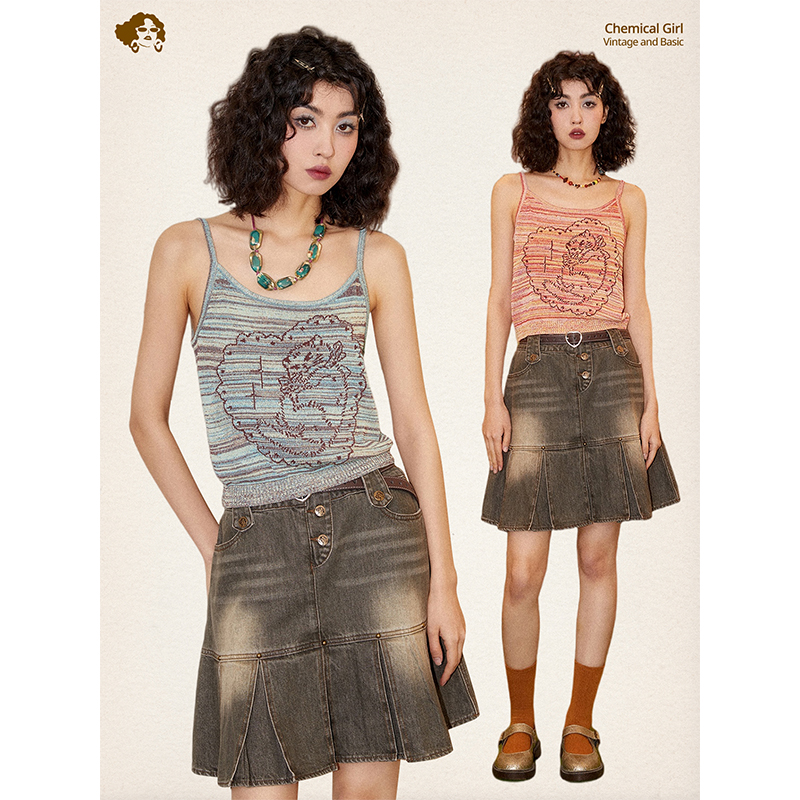 撞色混织条纹修身吊带针织背心