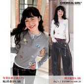 T恤女秋冬上衣内搭打底衫 化学少女「碎砂糖」假两件印花修身 长袖