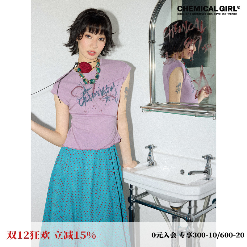 化学少女散边不规则拼接短袖T恤