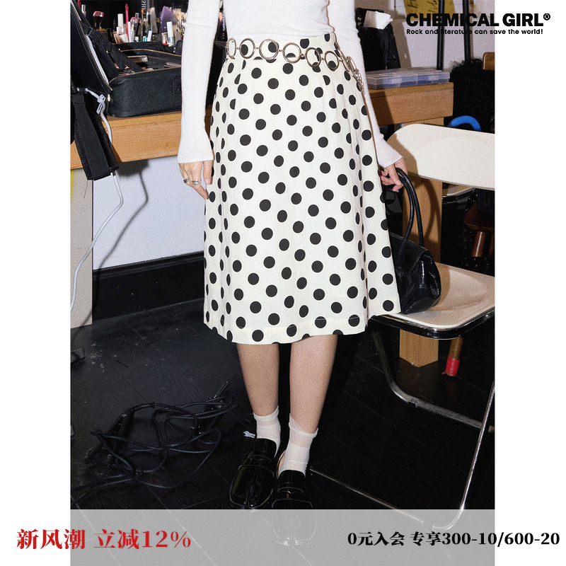 白色波点艺术感复古休闲半身裙