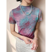 化学少女「银河气泡」木耳边印花短袖 T恤半高领正肩网纱弹力上衣