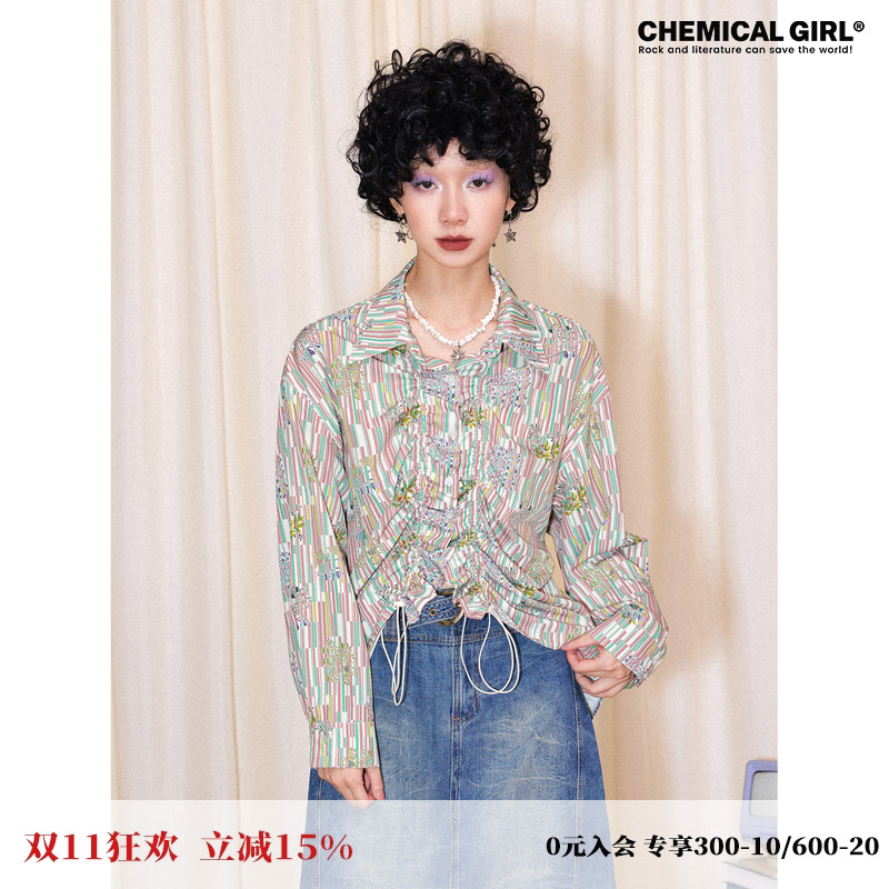 化学少女抽绳花卉印花长袖衬衫