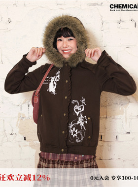 化学少女「小猫契约」深棕色印花外套女保暖毛领连帽花边卫衣冬季