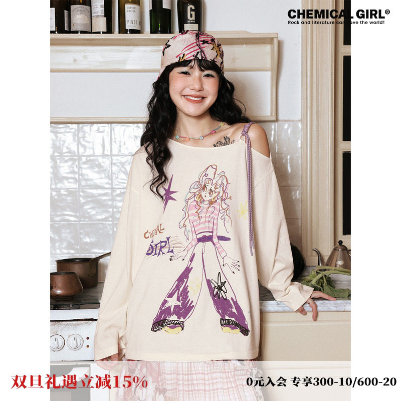 白色宽松露肩长袖T恤衫女