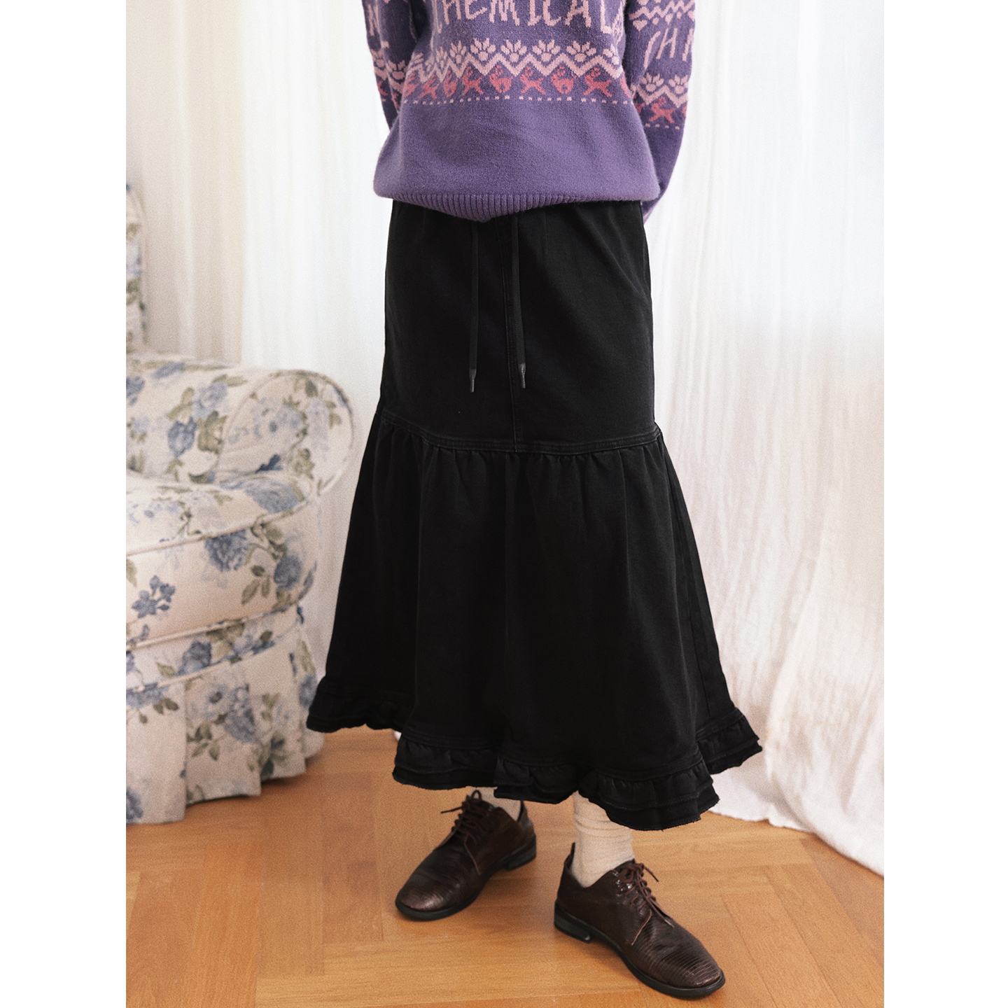 复古黑色花边牛仔半身裙女