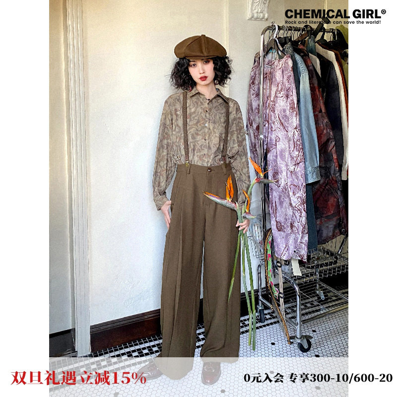 化学少女背带压褶港风复古西装裤