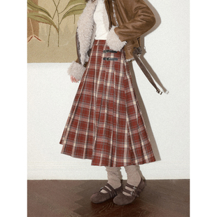 化学少女「伯爵红茶」复古磨毛红色格纹长款 半身裙女秋冬百褶裙