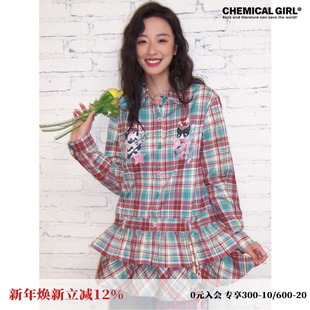 化学少女「喵喵乐队」娃娃领格纹印花长袖 连衣裙女日杂学院风 衬衫