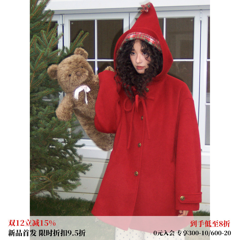 红色大衣羊毛呢大衣女外套