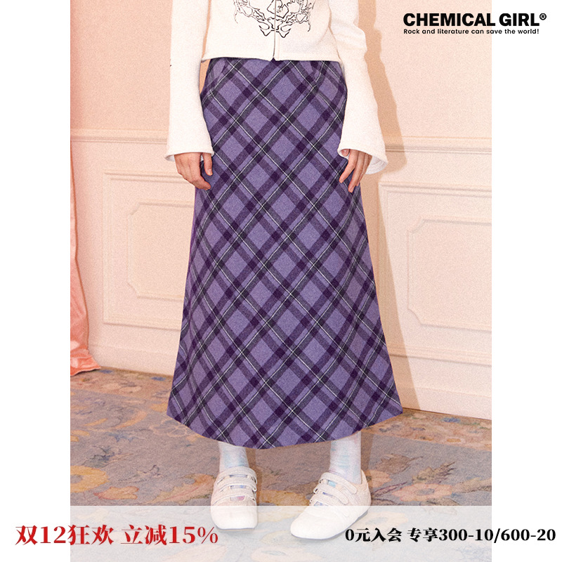 化学少女紫格斜裁哲学裙半身裙