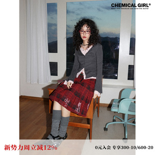 化学少女「双重主义」复古红色格子百褶裙子秋冬新款 半身裙女