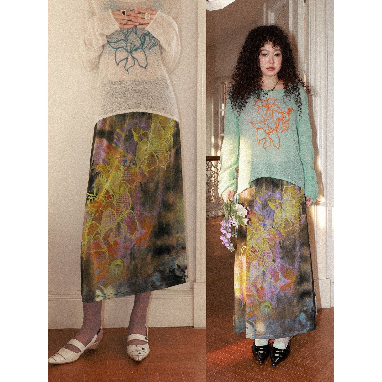 化学少女 「拂晓之舞」设计感百合兰花A字半身裙垂感网纱印花长裙