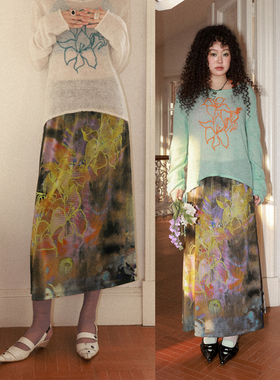 化学少女 「拂晓之舞」设计感百合兰花A字半身裙垂感网纱印花长裙