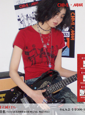 化学少女×NANA联名 复古风红色印花正肩春夏美式修身T恤上衣女