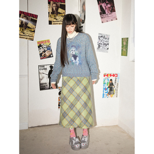 化学少女「朦胧晨色」撞色毛呢格子裙女秋冬复古高腰a字半身裙