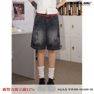 直筒休闲五分裤 化学少女「朋克面具」夏季 复古做旧水洗牛仔短裤