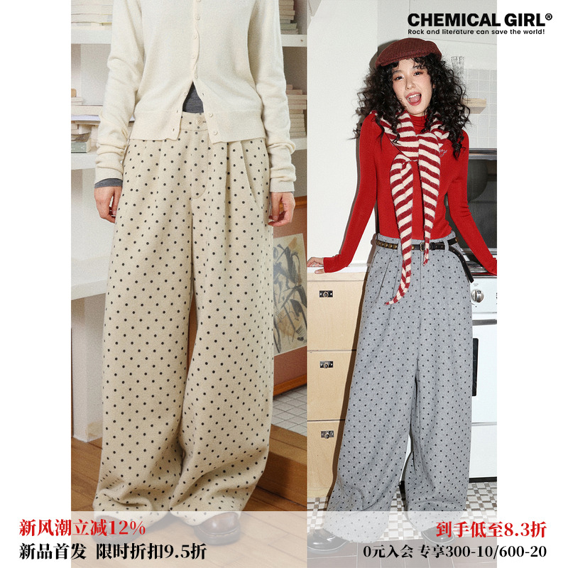 波点毛呢休闲裤女百搭