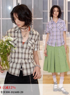 彩色复古格子掐褶收腰短袖衬衫女