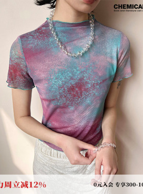 化学少女「银河气泡」木耳边印花短袖T恤半高领正肩网纱弹力上衣