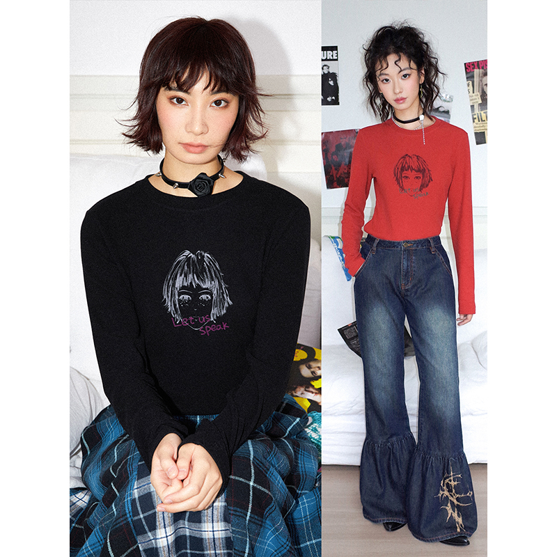 德容亲肤面料圆领长袖油墨印花T