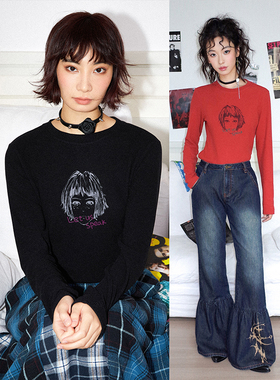 化学少女「Let us speak」油墨印花圆领德绒复古短发女孩长袖T恤