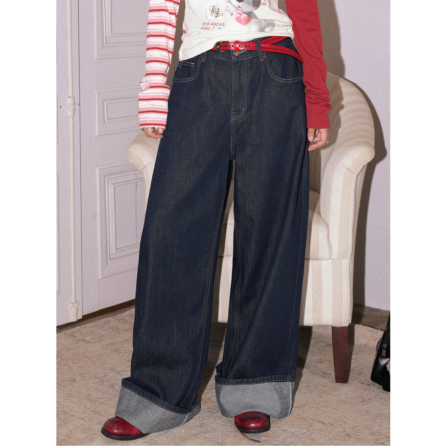 复古休闲百搭水洗阔腿牛仔裤女