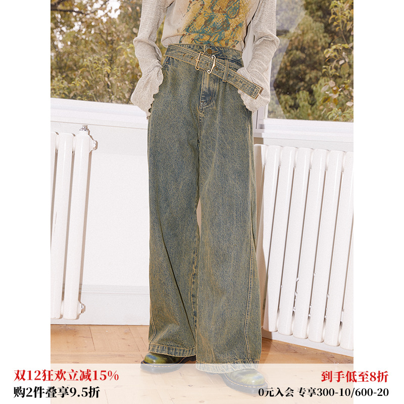 化学少女复古做旧牛仔工装阔腿裤