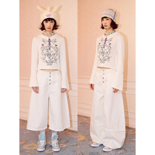 脚拆卸纯色洗褪中低腰阔腿弯刀裤 化学少女H3「她」复古经典 排扣裤