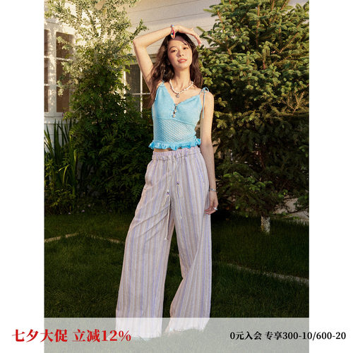 松弛感松紧腰条纹撞色直筒休闲裤