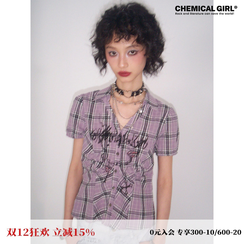 V领正肩收腰衬衫女夏纯棉