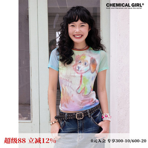 涂鸦小狗网纱T恤女夏新品