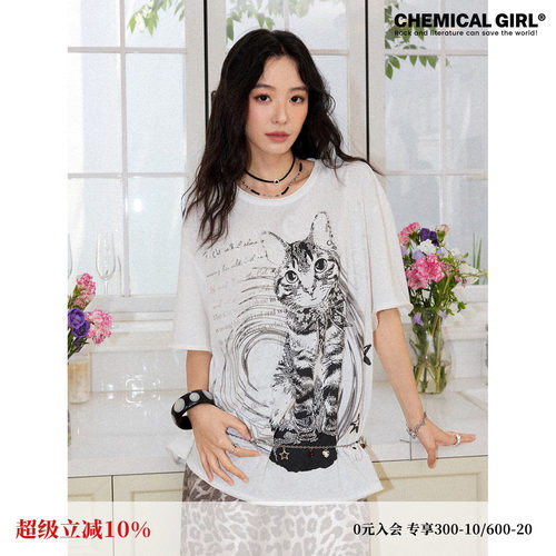 复古猫咪印花宽松落肩短袖T恤女